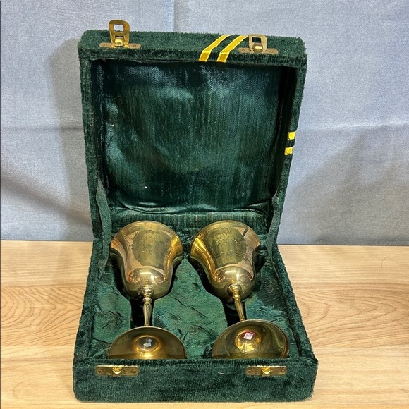 Other - Antique Vintage 2 Brass Wine Goblets Floral Etching India Green Velvet Case